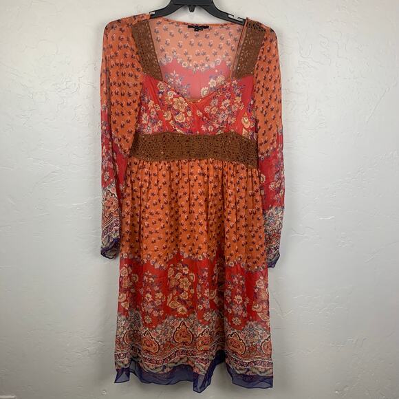 Vtg Y2K ECI New York Silk Dress Womens Sz 14 Orange Red V-Neck Long Sleeve Boho - Picture 1 of 9